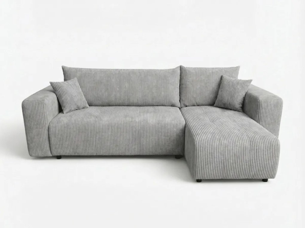 Svetlosivá rozkladacia rohová pohovka SORELA CORD, obojstranná + 2 vankúšiky zdarma