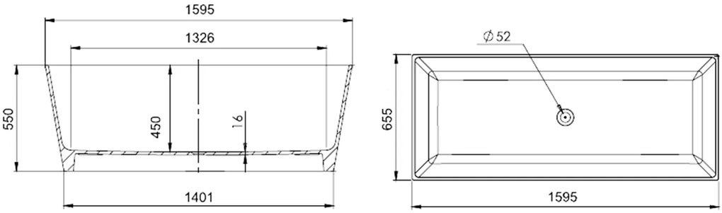 Gelco, KVADRIE - vaňa, 1590x650x550mm, liaty mramor, objem 360l, biela lesk, GVKV1590