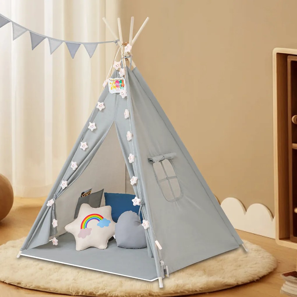 Jurhan Detský stan teepee JULIUS, 120x120x160cm, šedá/modrá