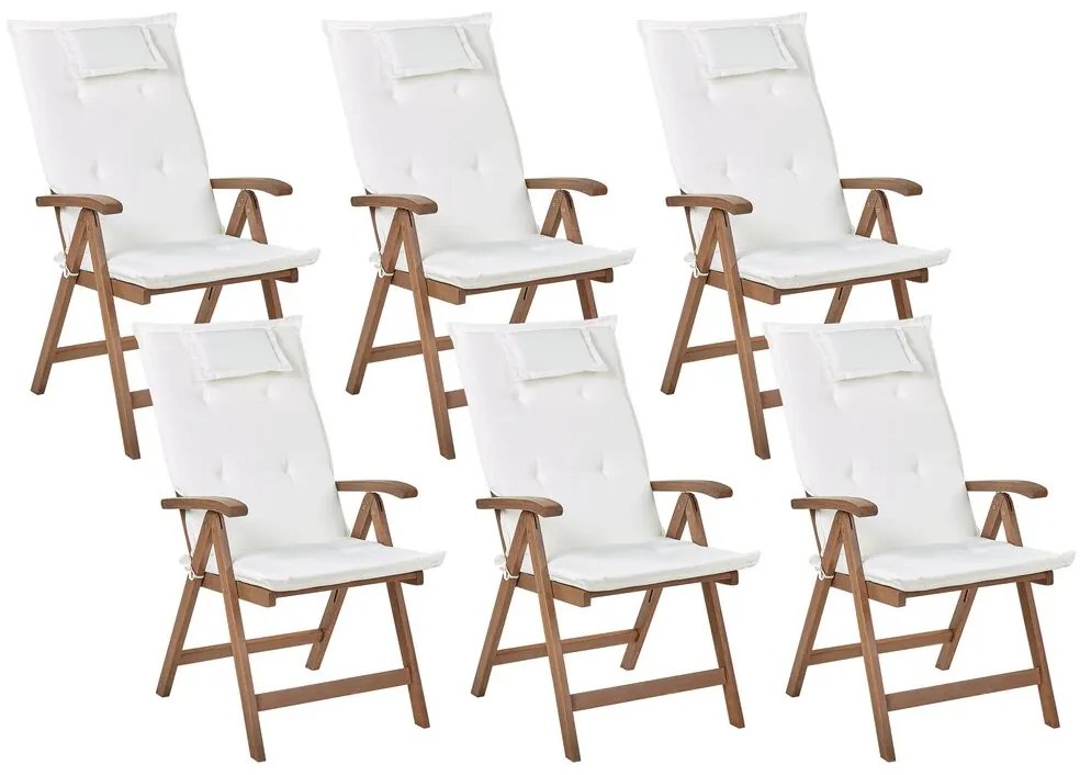 Sada 6 záhradných skladacích stoličiek z tmavého akáciového dreva s krémovobielymi vankúšmi AMANTEA Beliani