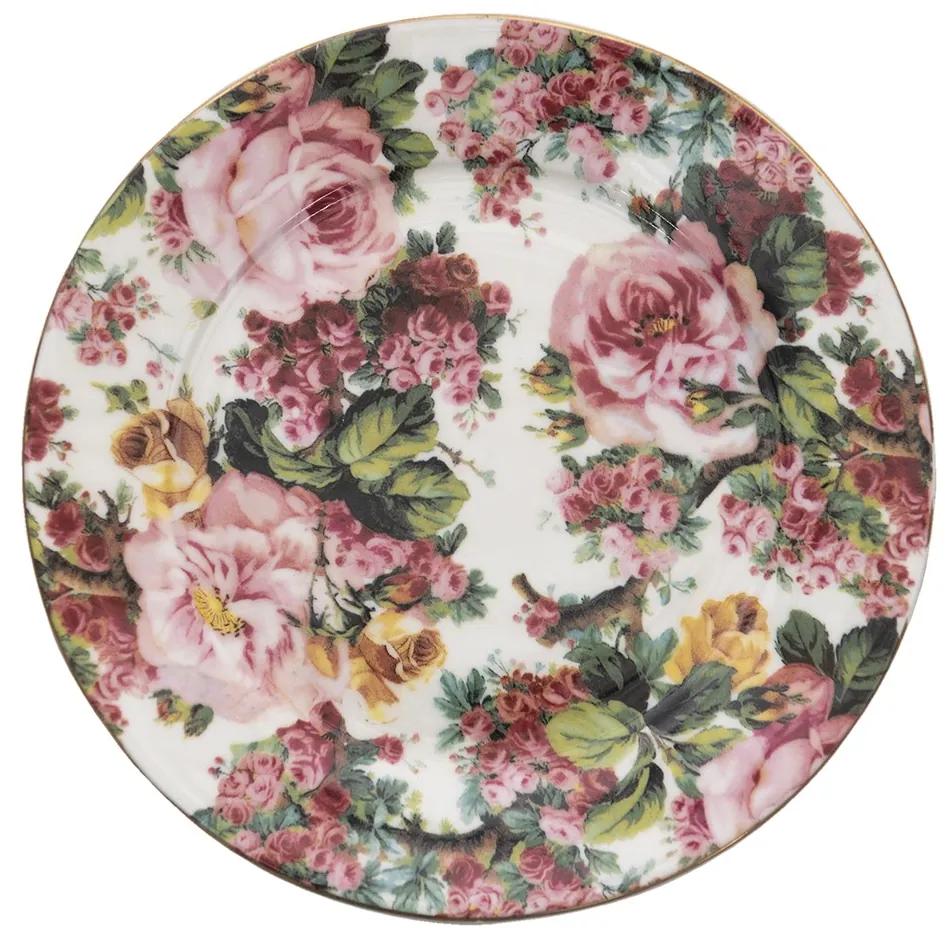 Porcelánový dezertný tanierik s kvetmi a zlatou linkou Pink Flowers - Ø 21*2 cm