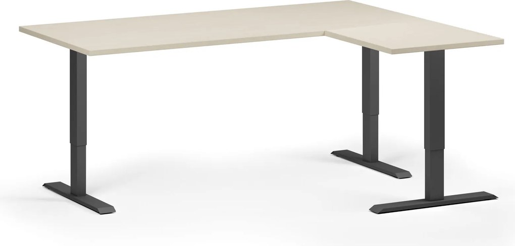 Výškovo nastaviteľný stôl, 180x140 cm, 3 motory, L/P, čierna podnož, breza