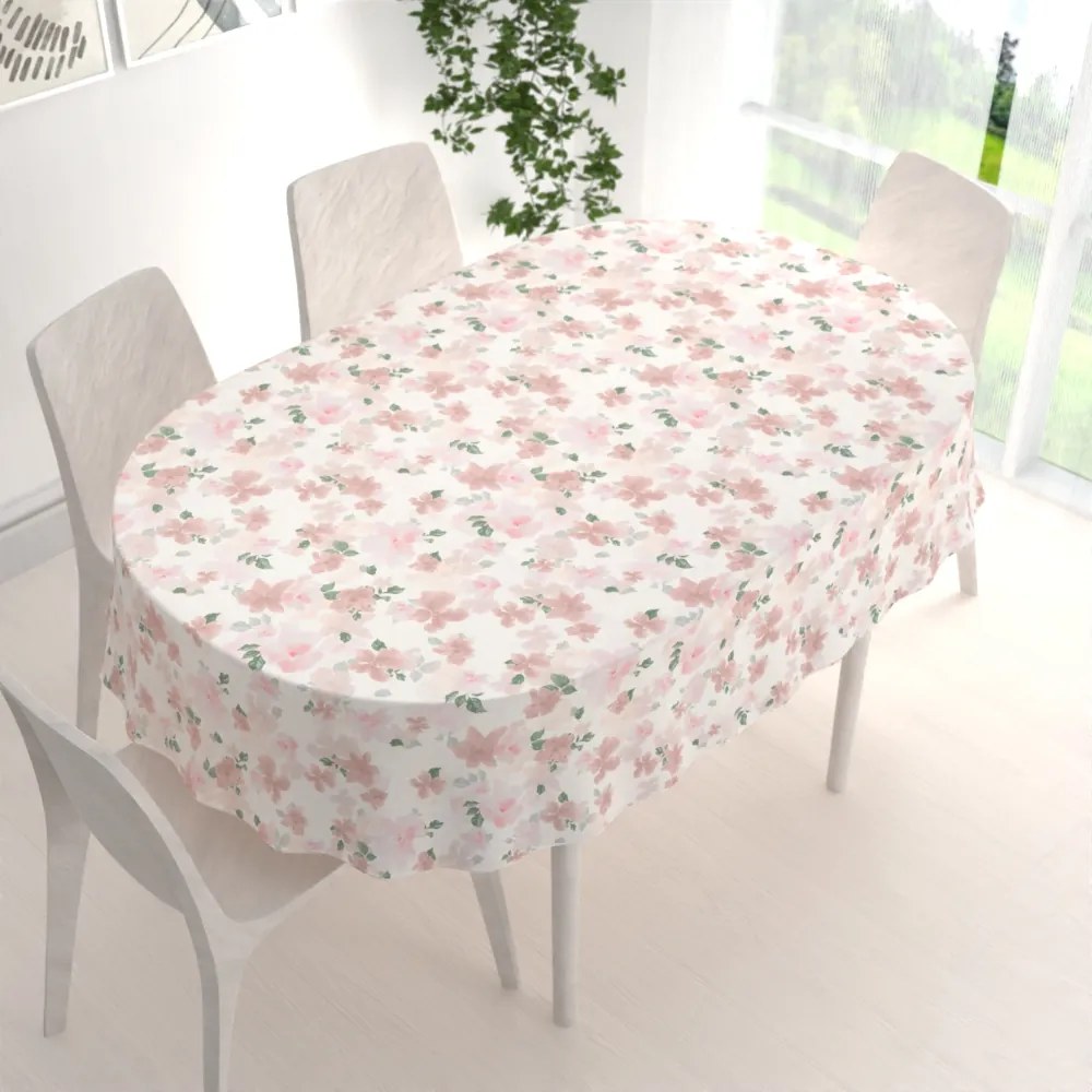 Biante Zamatový oválny obrus Tamara TMR-036 Ružovo-béžové akvarelové kvety na bielom 120x140 cm