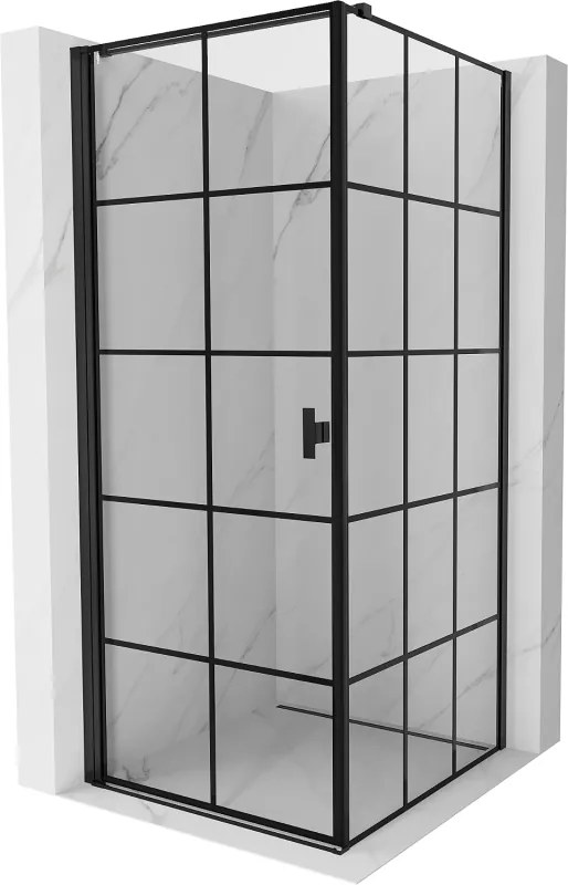 Mexen Mist-B, 1-krídlový výklopný sprchový kút ľavý 90 x 90 cm, číre sklo-čierna mriežka, 8A2T-090-090-70-77-L