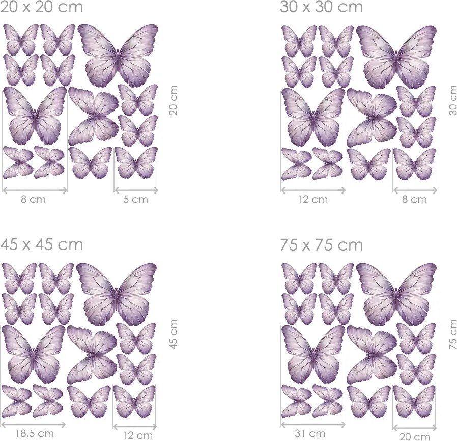 Motýle svetlo fialové 13 ks textilní prelepiteľná nálepka na stenu hárok 30 x 30 cm