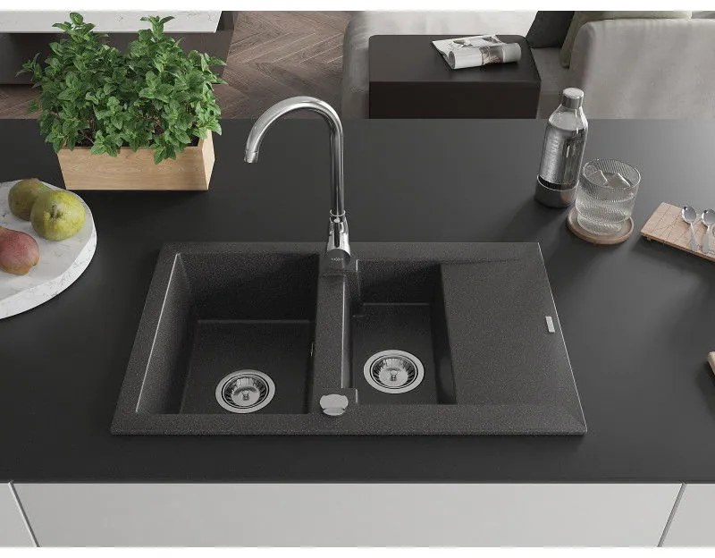 Mexen Gaspar, 1,5-komorový granitový drez s odkvapkávačom 74x48 cm a kuchynskou batériou Telma, čierna-škvrnitá, 6507-76-670200-00