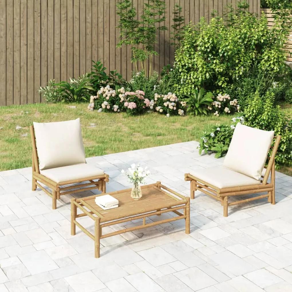 Záhradné stoličky 2 ks s krémovo-bielymi vankúšmi bambus 363455