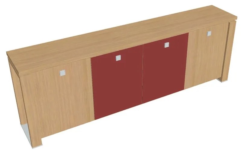 Nízka skriňa Verno+ 260 x 46 x 90 cm, kombinované dvere, dub svetlý / červená