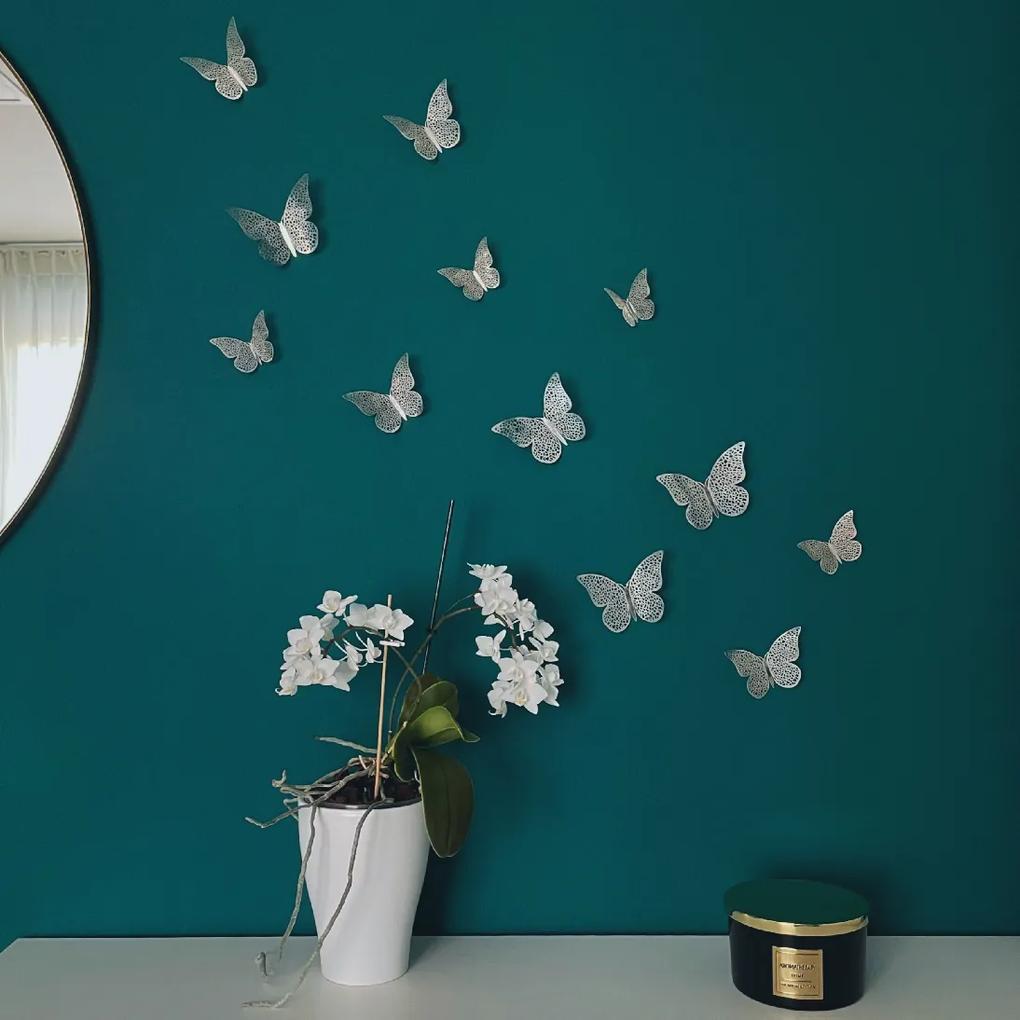 Samolepka na stenu "Metalické Motýle - Strieborné“ 12 ks 8-12 cm