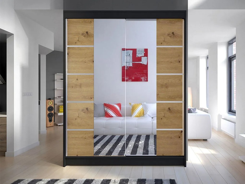 Posuvná skriňa Belgia V, Farby: biela / čierna + zrkadlo, Osvetlenie: osvetlenie LED RGB - farebné