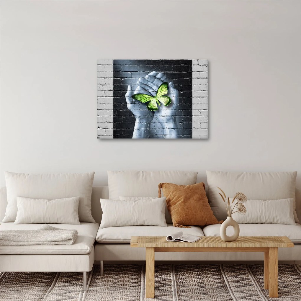 Obraz - Zelený motýľ v stene (70x50 cm)