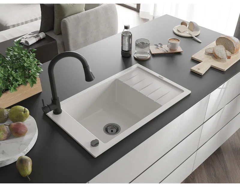 Mexen Elias, 1-komorový granitový drez 795x480x200 mm a drezová batéria Elia, biela, 6511-20-670101-70