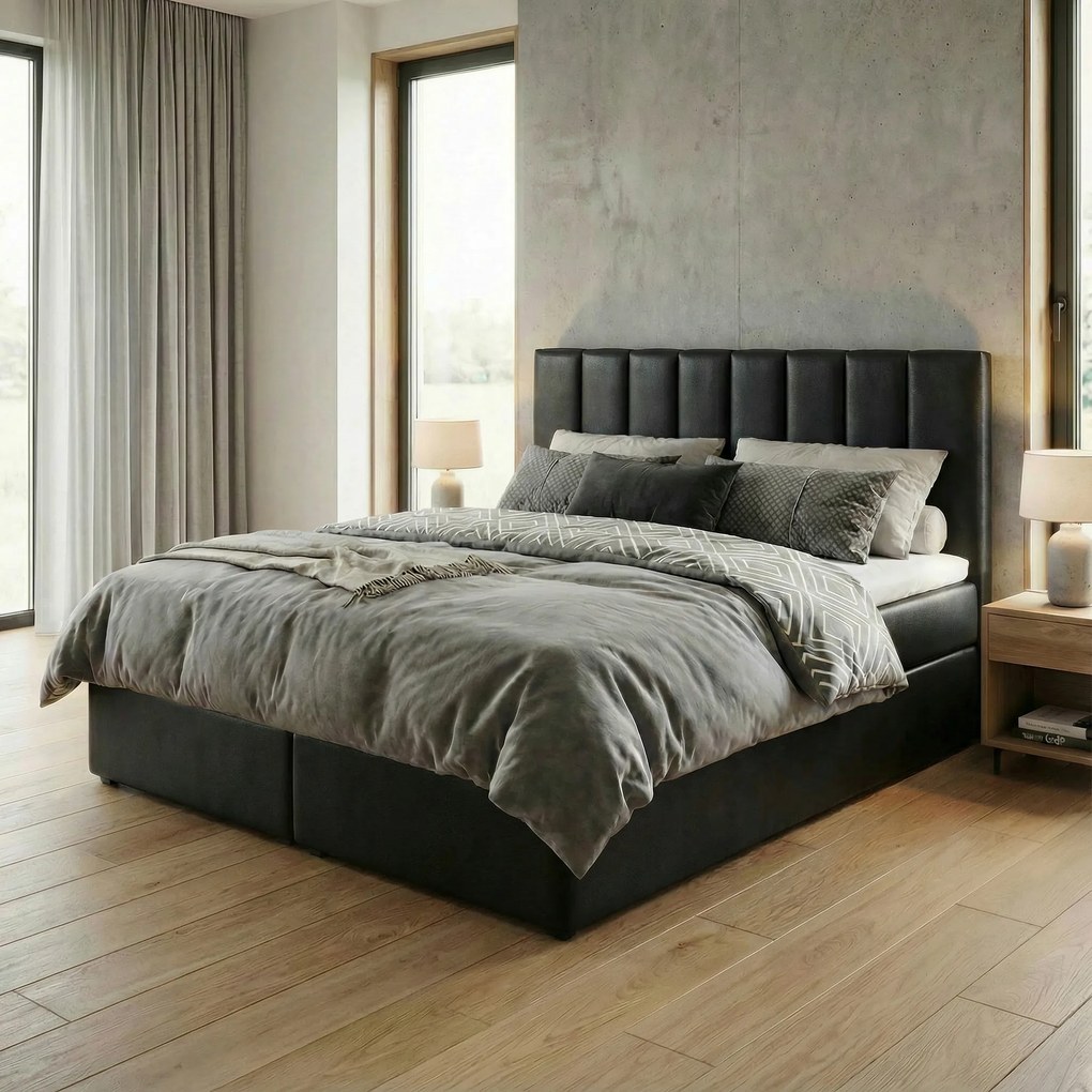 Kontinentálna posteľ 160x200 Sonno Bello s 2 úložnými priestormi, čierna eko koža