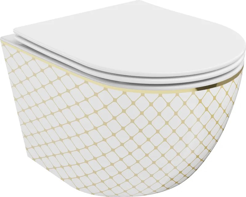 Mexen Lena miska wc Rimless s doskou pomaly uzatvárateľnou slim, duroplast, biela/zlatý vzor kocka - 30224009