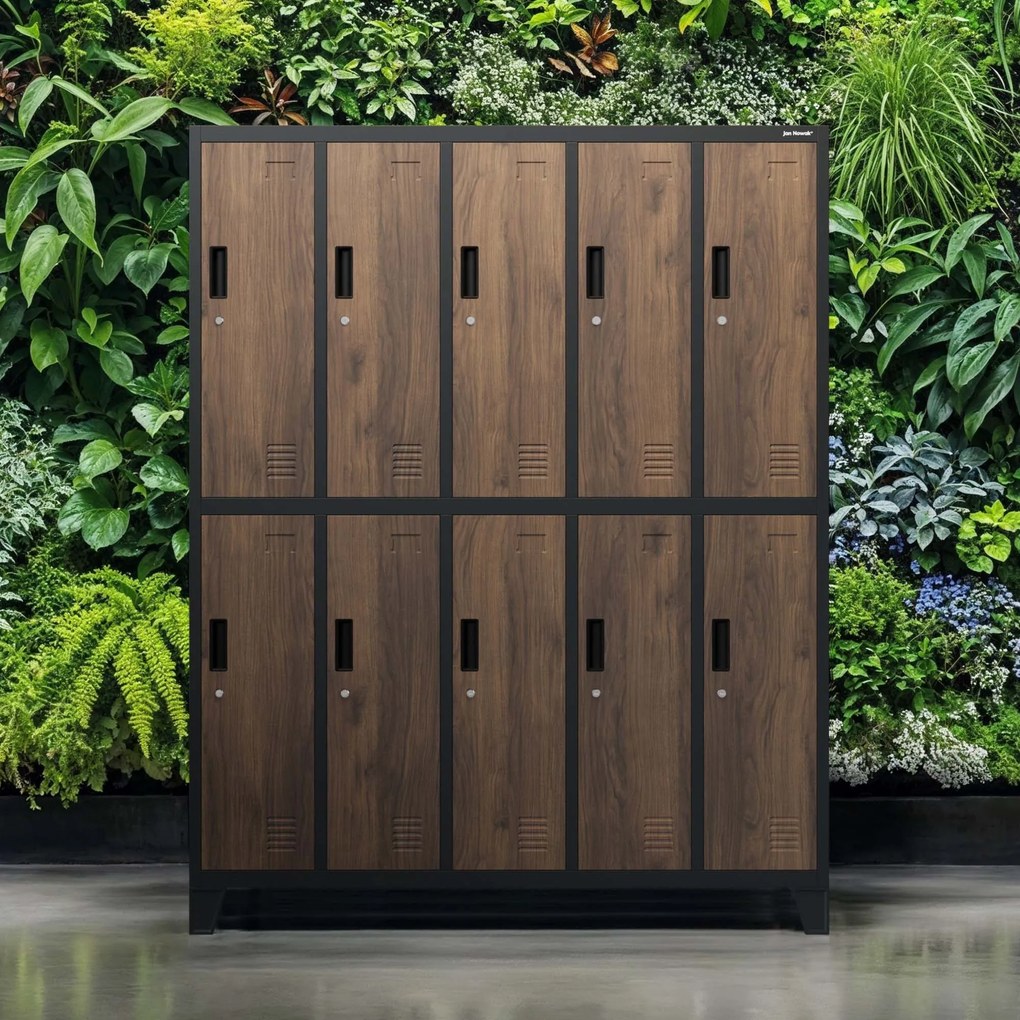 Kovová šatňová boxová skriňa na nôžkach s 10 boxami BARTEK, 1360 x 1720 x 450 mm, Eco Design: antracitová/ dub sonoma