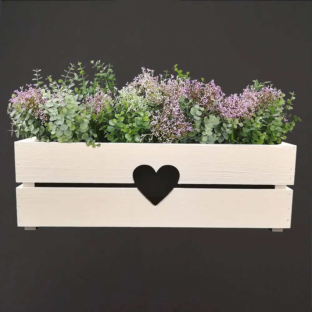 AMADEA Drevený obal na kvetináč so srdcom biely, 52x21,5x17cm Český výrobok