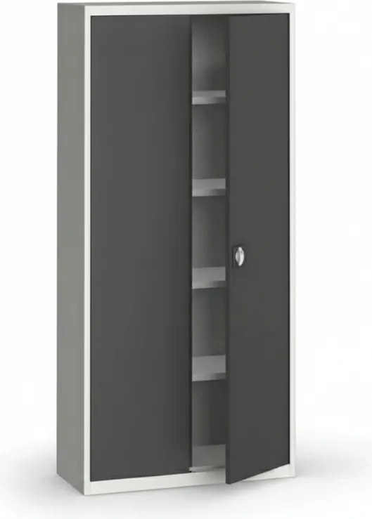 Plechová policová skriňa na náradie KOVONA, 1950 x 950 x 400 mm, 4 police, sivá/tmavo sivá