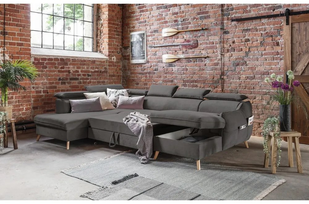 Tmavosivá zamatová rozkladacia rohová pohovka do "U" (ľavý roh) Sweet Harmony – Miuform