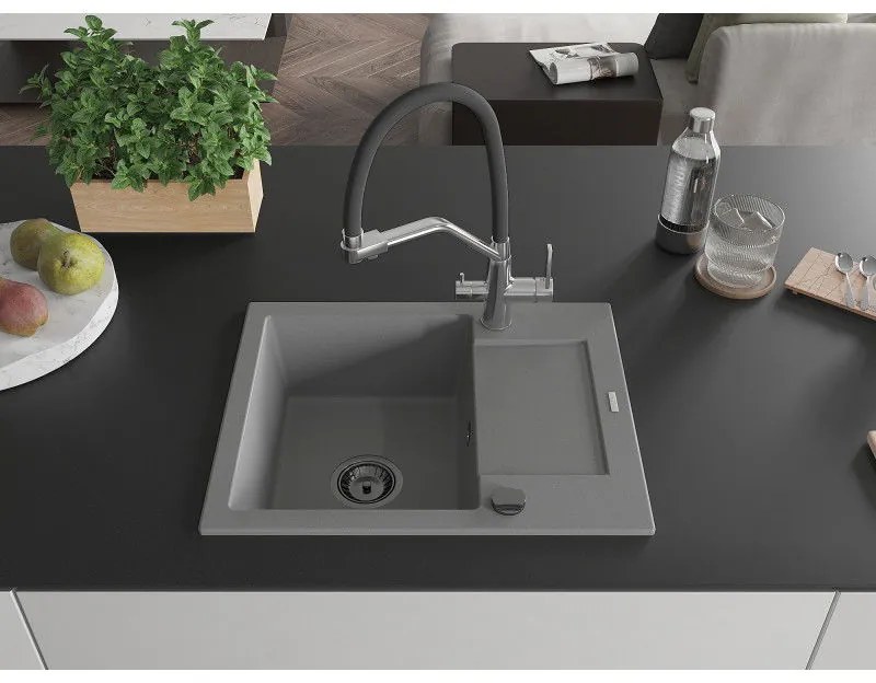 Mexen Enzo, granitový drez 576x465x174 mm, 1-komorový a drezová batéria Duo, šedá, 6506-71-671701-07-B