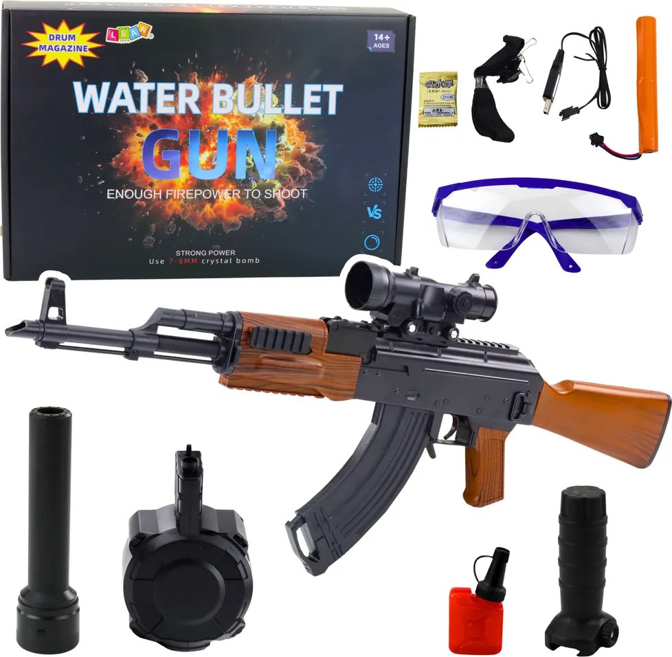 LEAN Toys Puška AK na vodné guľôčky hydrogél s mieridlom a okuliarmi 96 cm