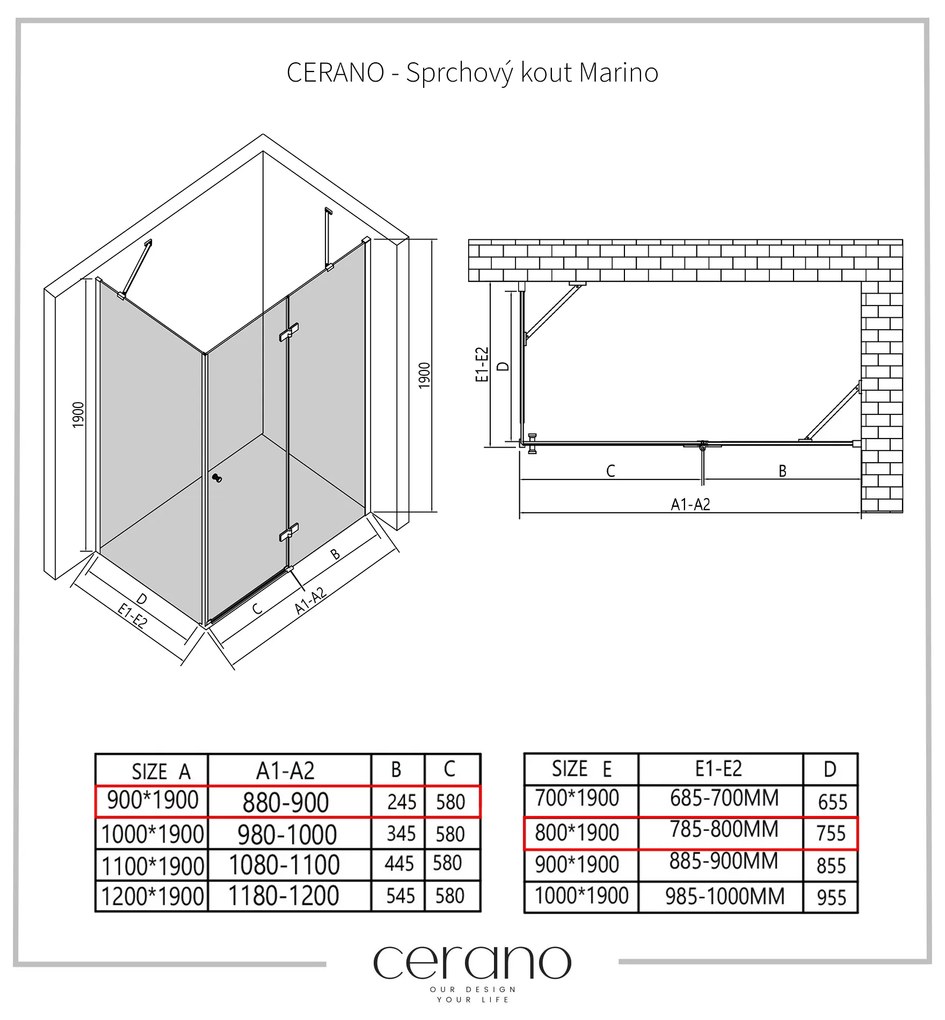 Cerano Marino, sprchovací kút 90(dvere) x 80(stena) x 190 cm, 6mm číre sklo, chrómový profil, CER-CER-422763