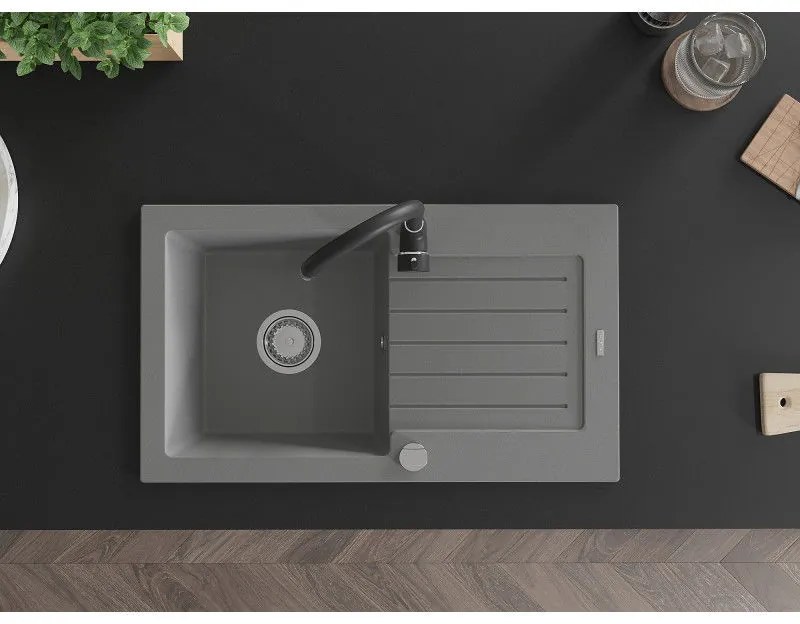 Mexen Pablo, granitový drez 752x436x161 mm, 1-komorový a čierna batéria Telma, šedá, 6510-71-670200-70