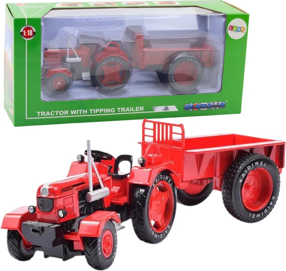 LEAN Toys Kovový poľnohospodársky traktor s prívesom, červený, v mierke 1:18
