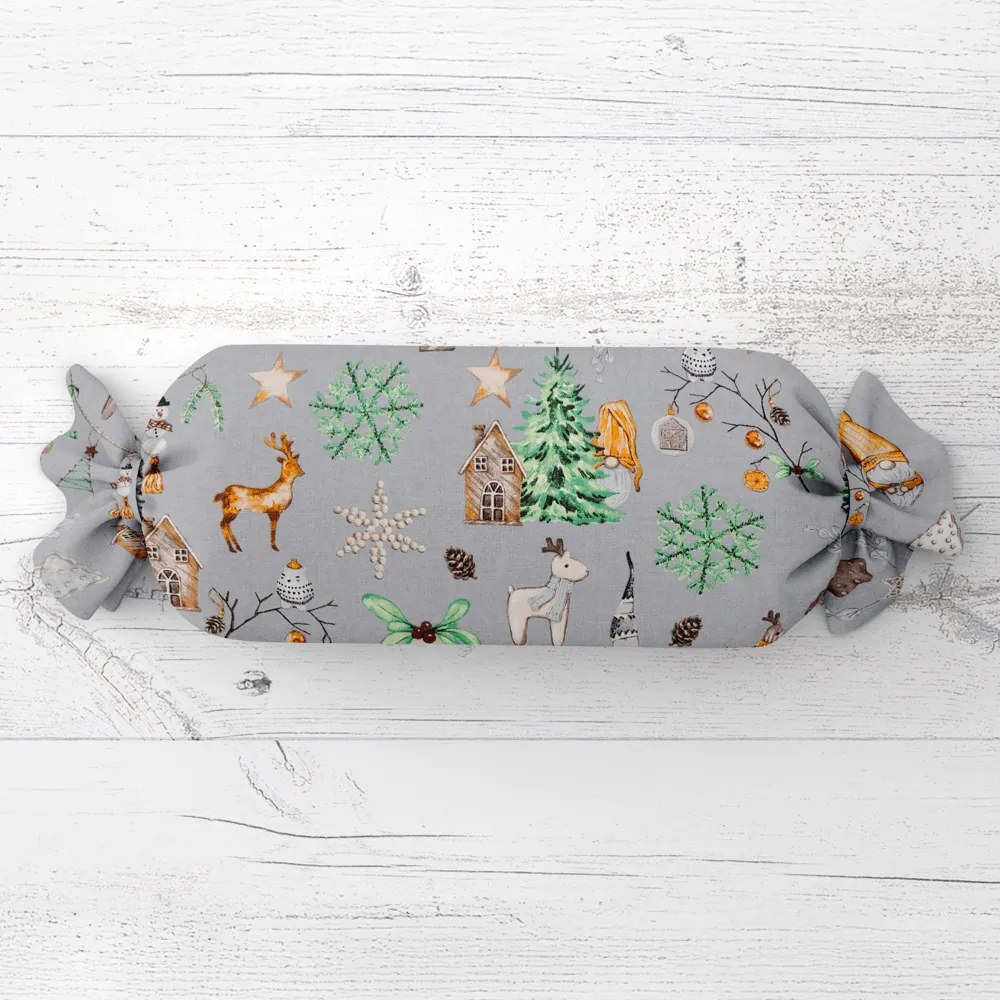 Biante Vianočný vankúš valec bonbon Sandra SA-509 Vianoční škriatkovia a ozdoby na sivom 15x80 cm
