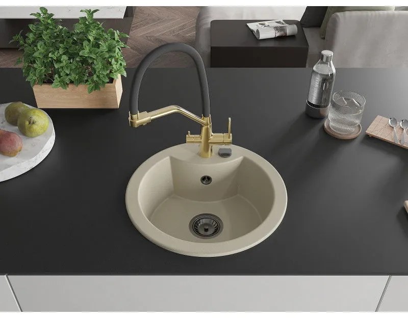 Mexen Diego, 1-komorový granitový drez 488x488x167 mm a drezová batéria Duo, béžová, 6512-69-671701-57-B