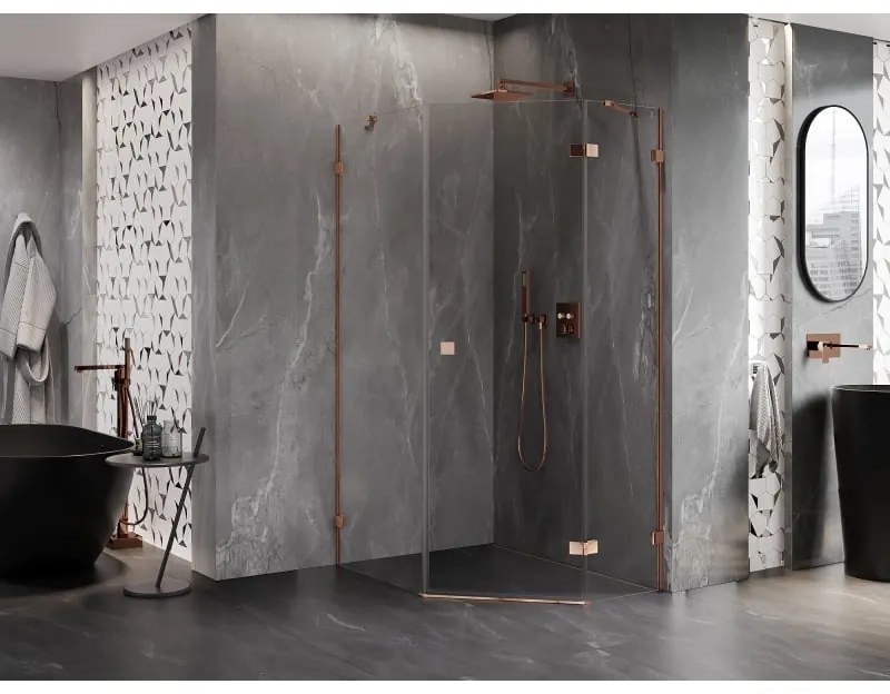 Mexen Lunar, pravý výklopný päťuholníkový sprchový kút 80 x 100 cm, 8mm číre sklo, profil ružové zlato, 831-080P-100L-60-00-P