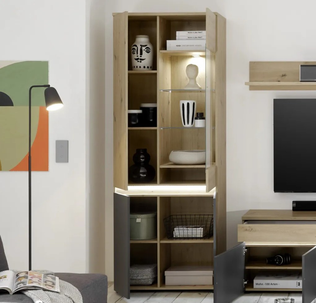 Vysoká vitrína Lille, dub artisan/antracit, s osvetlením