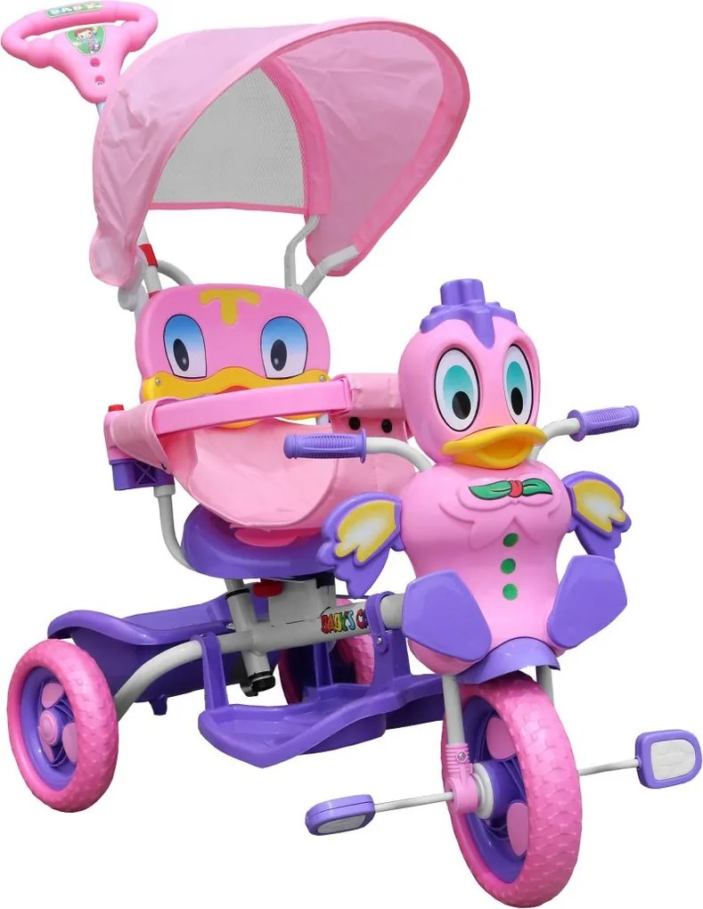 Ramiz Detský trojkolesový bicykel Duck Bike Fialová + zvuky + strieška + zábrana + opierka nôh + rukoväť + úložný priestor