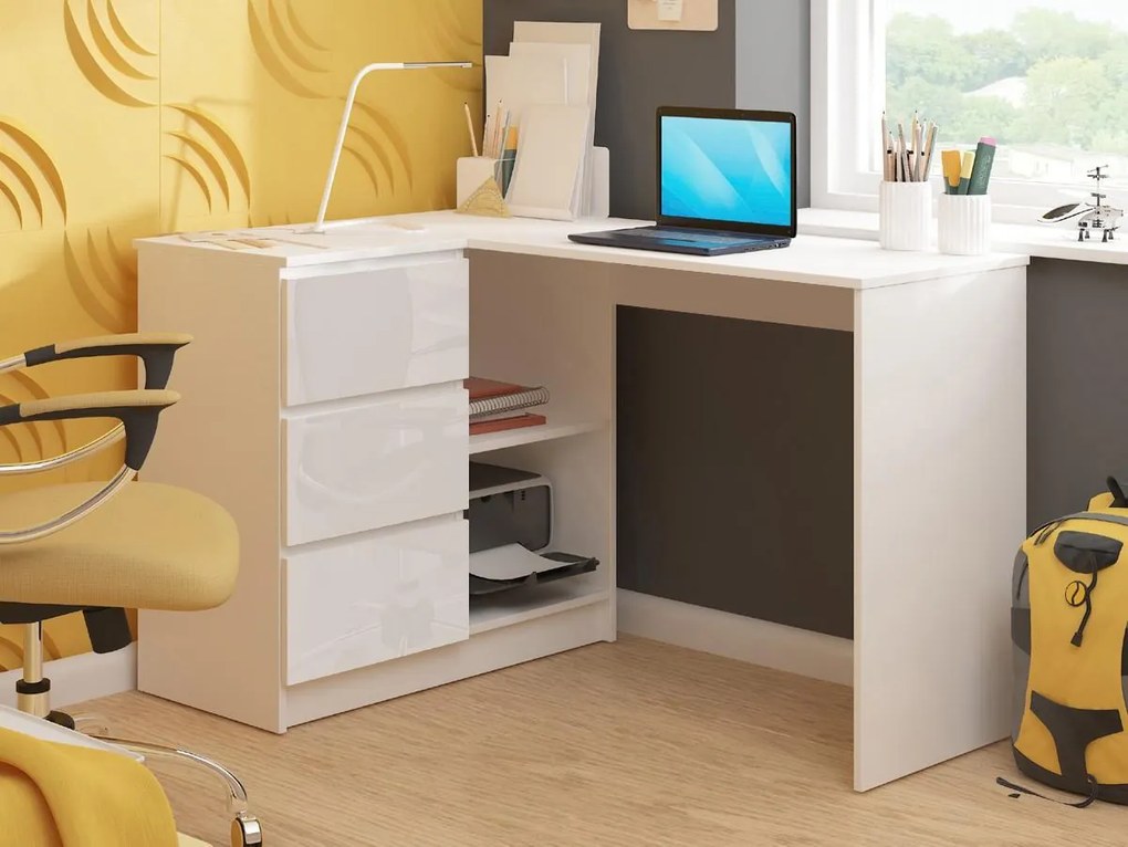 Rohový PC stolík Bodhi (biela + lesk biely) (L). Akcia -20%. Vlastná spoľahlivá doprava až k Vám domov. 1128550