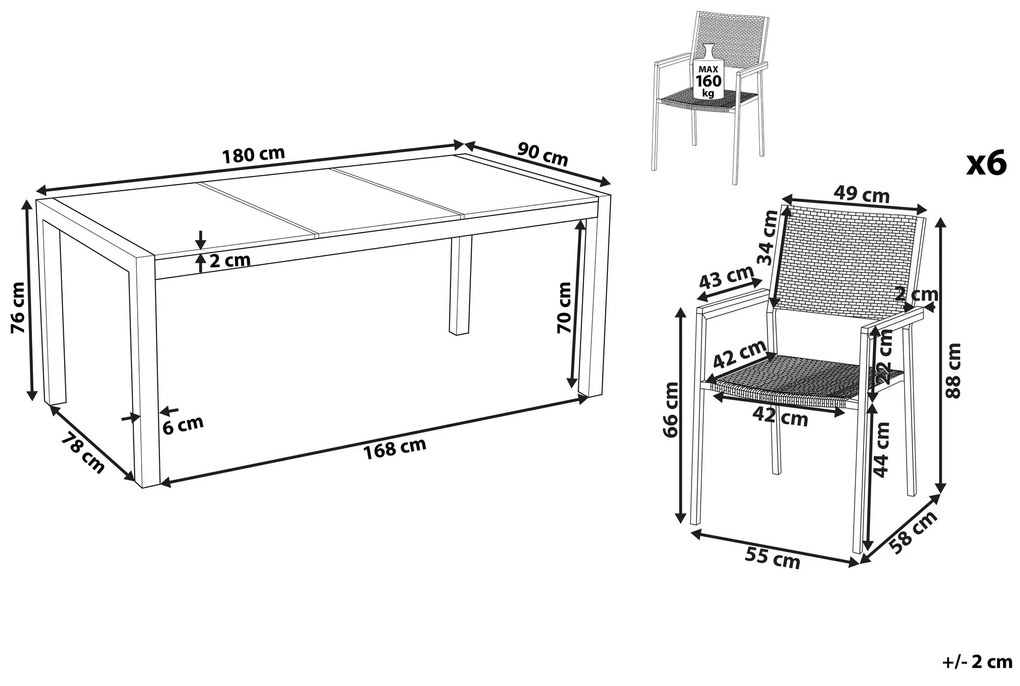 Záhradná sada pre 6 osôb sklenená doska 180 x 90 cm a ratanové stoličky GROSSETO Beliani