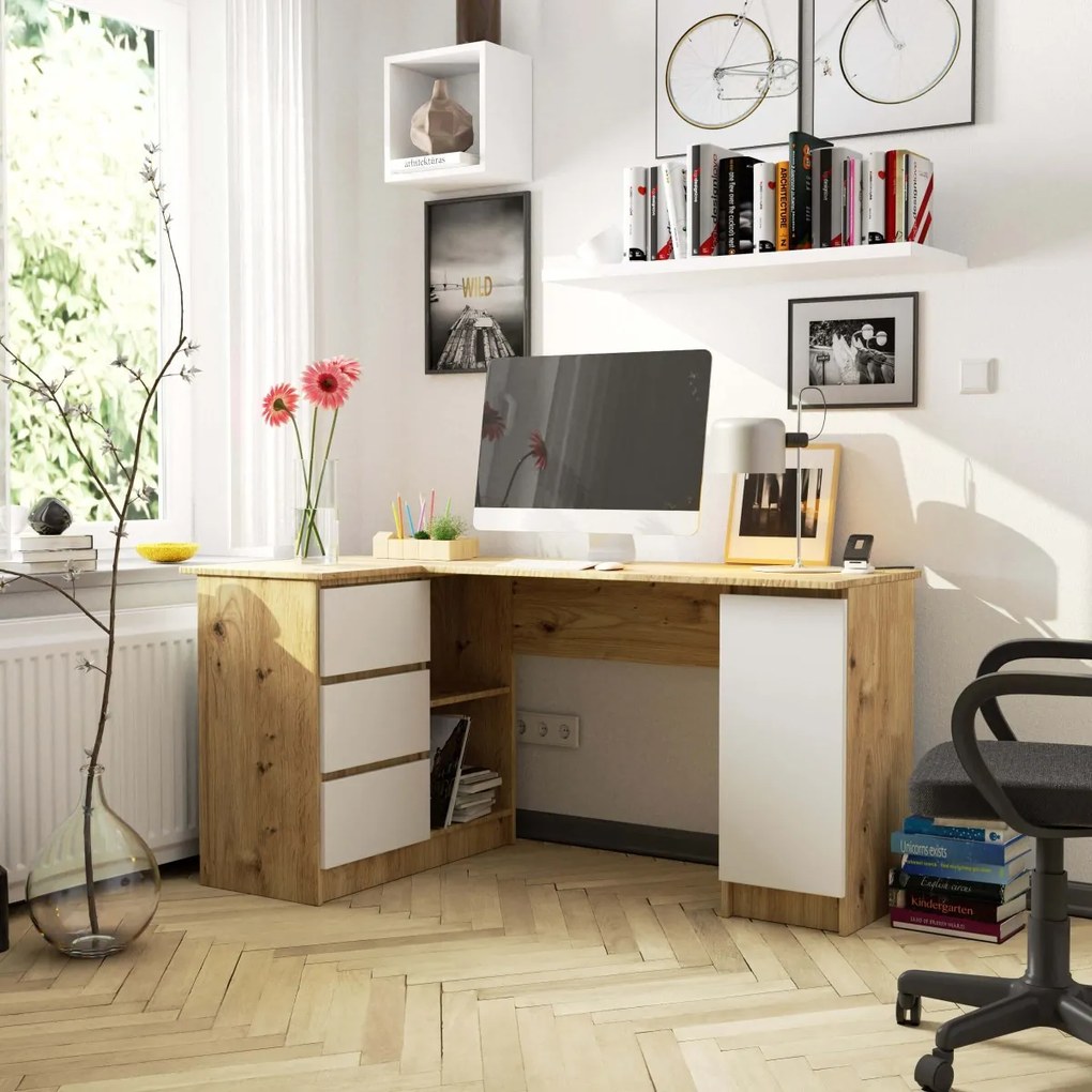 Rohový písací stôl B20 155 cm dub artisan/bílý levý