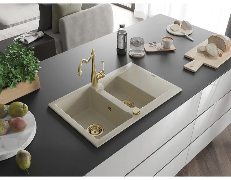 Mexen Gaspar, granitový drez 752x436x161 mm, 1,5-komorový a drezová batéria Carla, béžová, 6507-69-670700-50