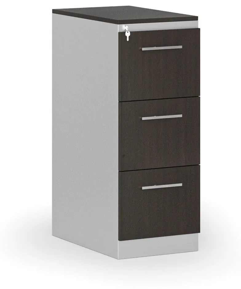 Kovová zásuvková kartotéka PRIMO s drevenými čelami A4, 3 zásuvky, sivá/wenge