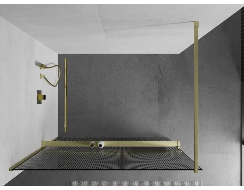 Mexen Kioto+, sprchová zástena Walk-In s poličkou a vešiakom 140 x 200 cm, 8mm sklo s rebrovým vzorom, zlatý matný profil, 800-140-121-55-09