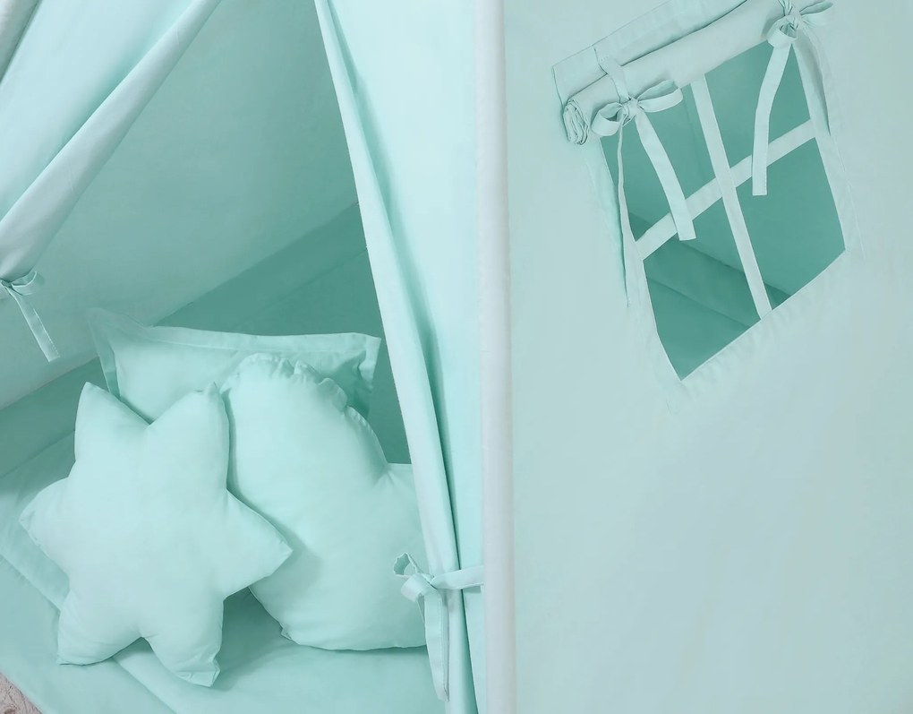 Bobono Stan Teepee pre deti + podložka na hranie + ozdobné pierka - mätová