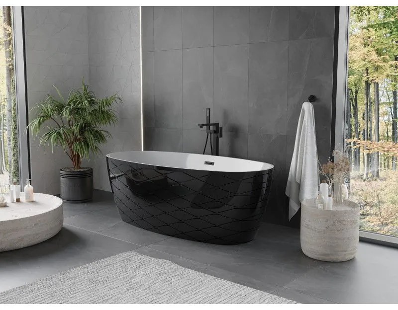 Mexen Olea, voľne stojaca vaňa, vzor, 170 × 80 cm, biela-čierna, čierny prepad, 52821708075-70