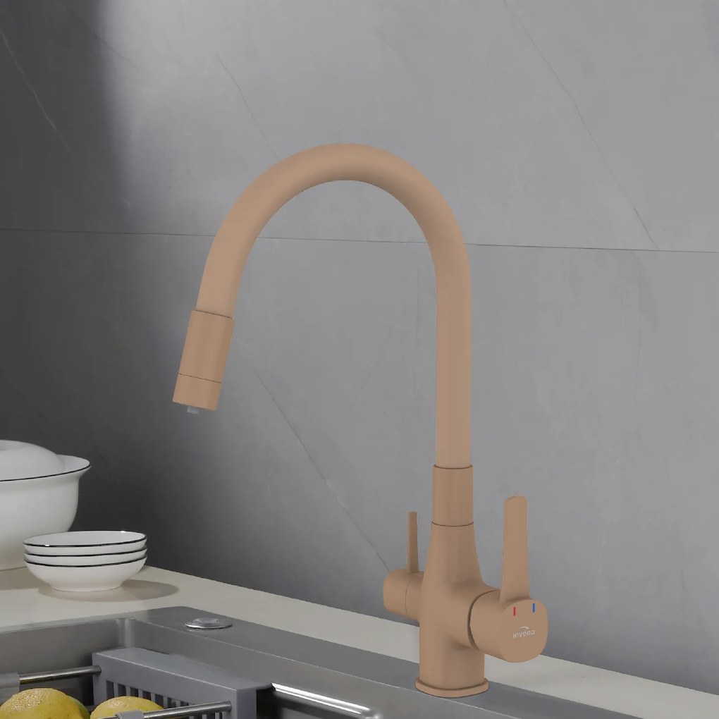 Invena Magic, stojanková drezová batéria s flexibilným ramenom a filtrom na pitnú vodu, béžová matná, INV-BZ-02-F03-V