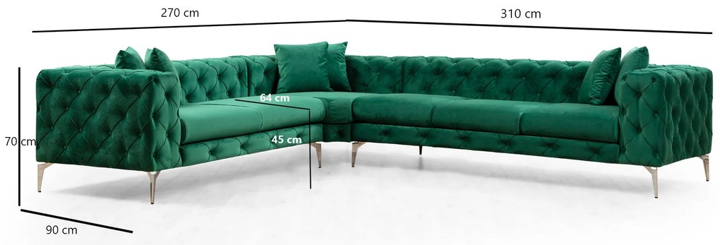 Luxusná rohová pohovka Como 270 x 310 cm, ľavá, zelená