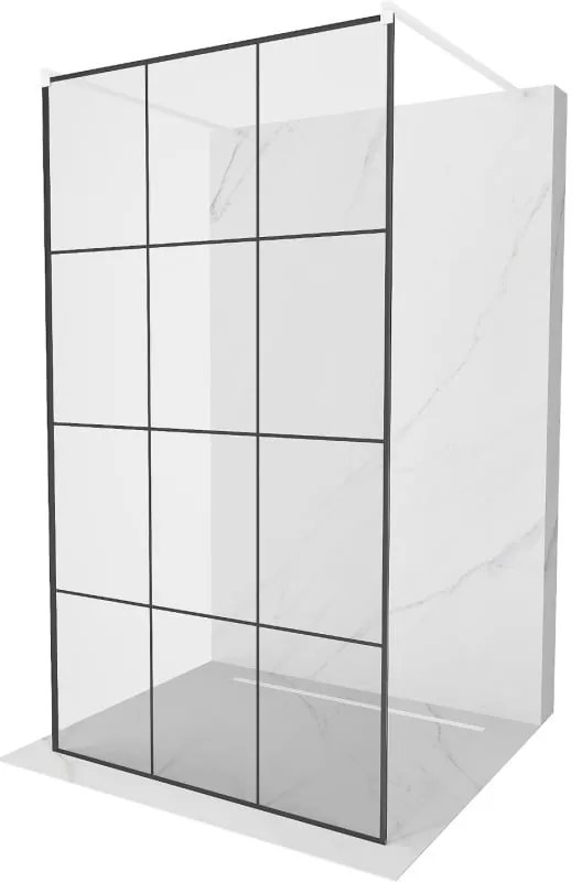 Mexen Kioto, priechodná sprchová zástena 120 x 200 cm, 8mm sklo číre/čierny vzor, 2x biela stabilizačná rozpera, 800-120-002-20-77