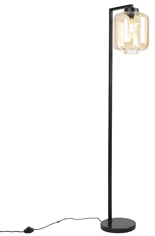 Dizajnová stojaca lampa čierna s jantárovým sklom - Qara Down