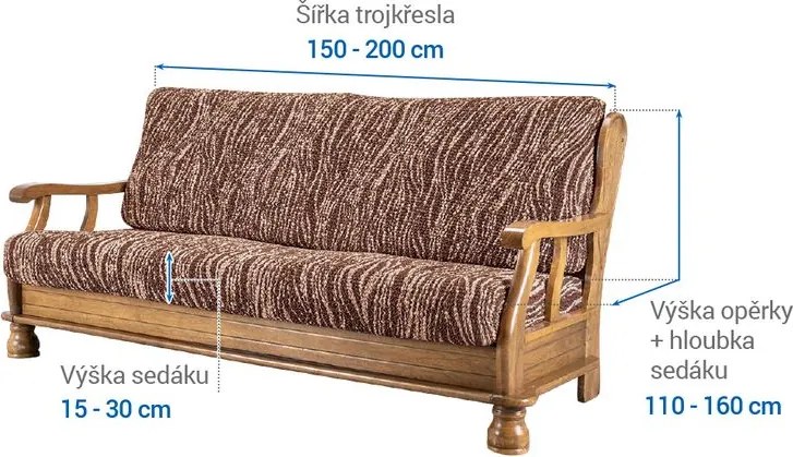 Bielastické poťahy UNIVERSO NOVÉ žíhané hnedé trojkreslo s drevenými rúčkami (š. 150 - 200 cm)