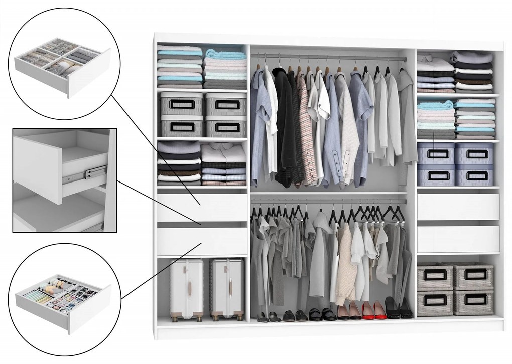 Šatníková skriňa 232 cm Belini biely mat s posunými dverami zrkadlom a zásuvkami MBP SZP8/0/1W/2W1L/0/KLAL