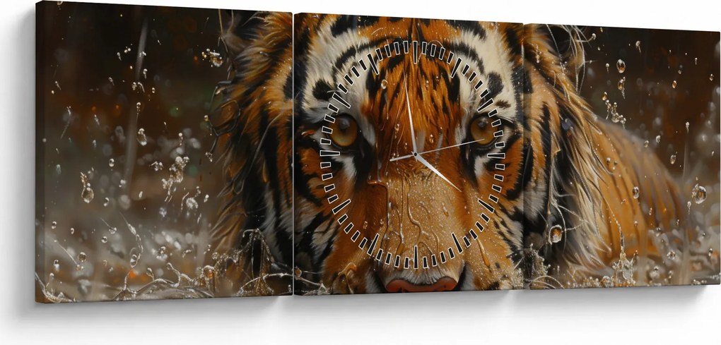 Obraz - Portrét tigra vo vode (s hodinami) (90x30 cm)