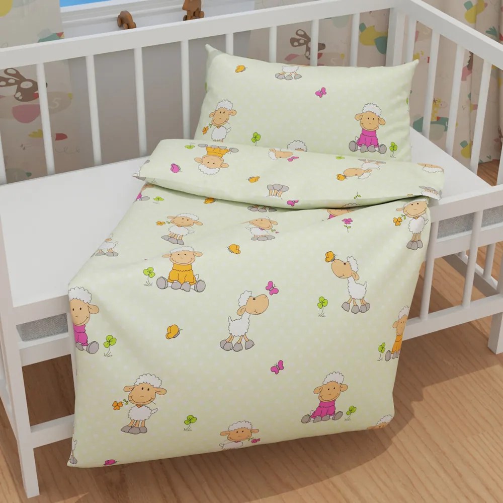Biante Detské bavlnené posteľné obliečky do postieľky Sandra SA-729 Veselé ovečky na svetlo zelenom bodkovanom Do postieľky 90x120 a 40x60 cm