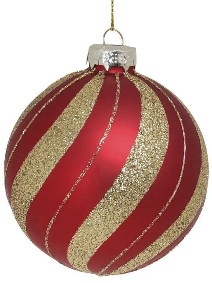 Červená sklenená vianočná ozdoba gule so zlatými pruhmi Chic - Ø 8 cm