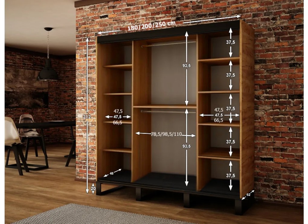 Posuvná skriňa LIFT V2 180, 180x212x62, dub kraft zlatý/čierna